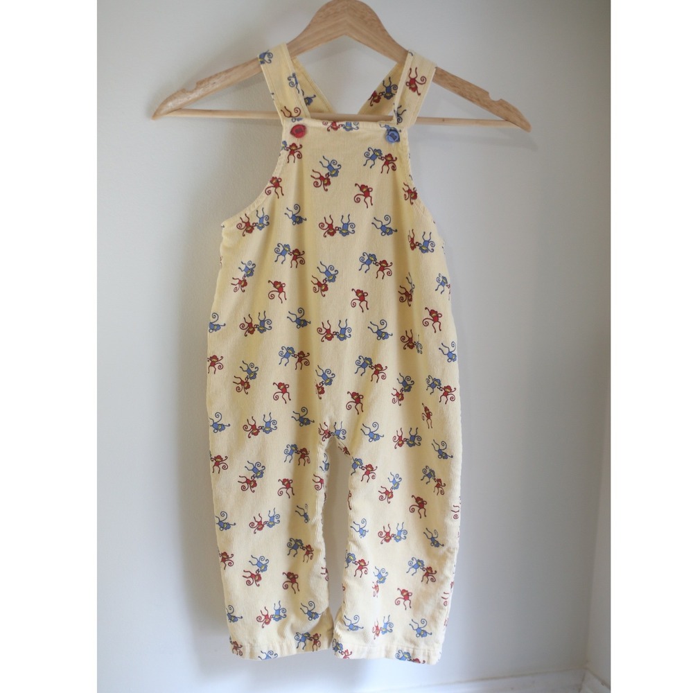 Vintage Baby Rhinos Yellow Corduroy Monkey Print Overalls 24M Made in USA 90s